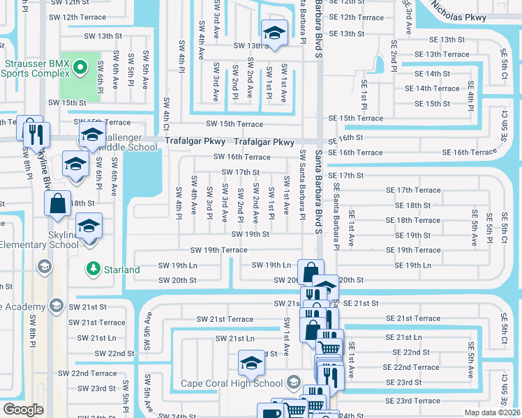 map of restaurants, bars, coffee shops, grocery stores, and more near 1807 Southwest 2nd Avenue in Cape Coral