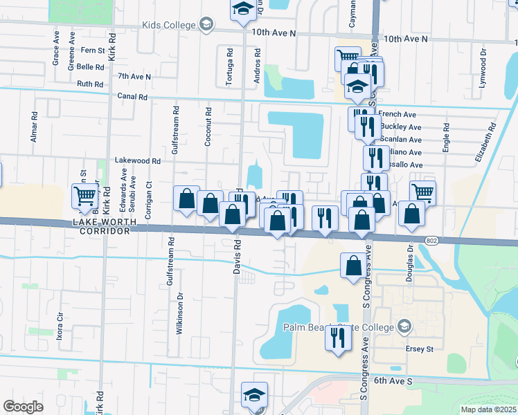 map of restaurants, bars, coffee shops, grocery stores, and more near 3395 Florida 802 in Palm Springs