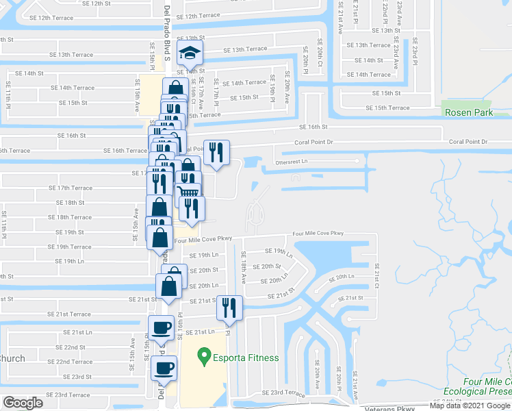 map of restaurants, bars, coffee shops, grocery stores, and more near 1757 Four Mile Cove Parkway in Cape Coral