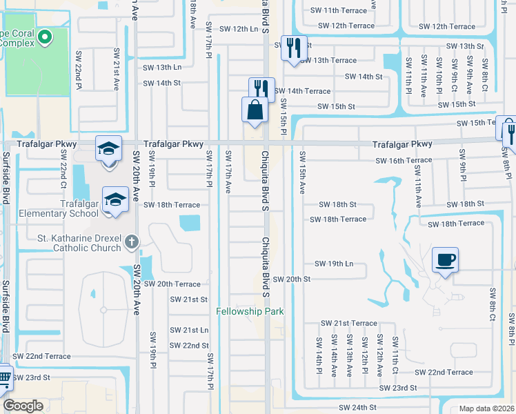 map of restaurants, bars, coffee shops, grocery stores, and more near 1605 Southwest 18th Lane in Cape Coral