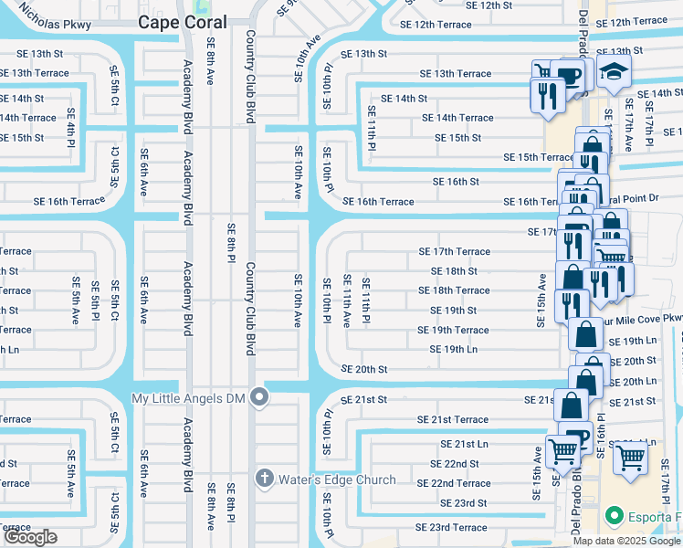 map of restaurants, bars, coffee shops, grocery stores, and more near 1802 Southeast 11th Avenue in Cape Coral