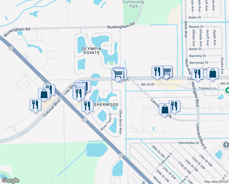 map of restaurants, bars, coffee shops, grocery stores, and more near 8069 Silver Birch Way in Lehigh Acres
