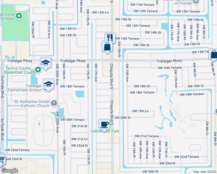 map of restaurants, bars, coffee shops, grocery stores, and more near 1605 Southwest 18th Lane in Cape Coral