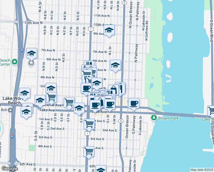map of restaurants, bars, coffee shops, grocery stores, and more near 302 North K Street in Lake Worth