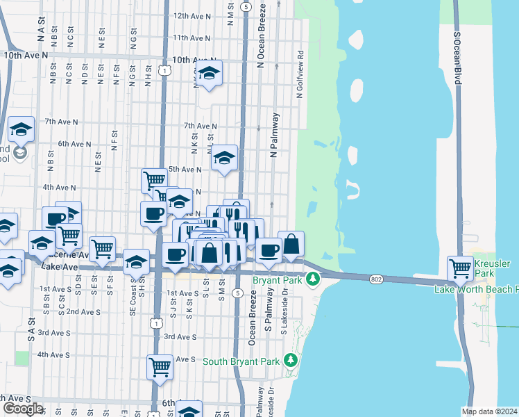 map of restaurants, bars, coffee shops, grocery stores, and more near 301 North Palmway in Lake Worth