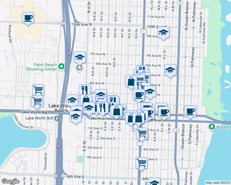 map of restaurants, bars, coffee shops, grocery stores, and more near 230 North E Street in Lake Worth