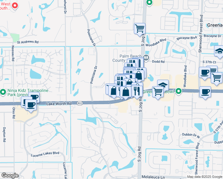 map of restaurants, bars, coffee shops, grocery stores, and more near 3884 Suncrest Road in Lake Worth