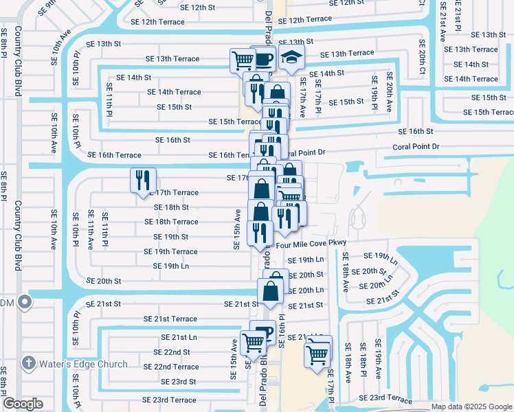 map of restaurants, bars, coffee shops, grocery stores, and more near 1802 Southeast 15th Place in Cape Coral
