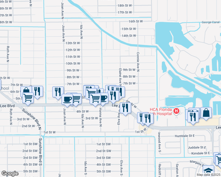 map of restaurants, bars, coffee shops, grocery stores, and more near 2710 6th Street West in Lehigh Acres