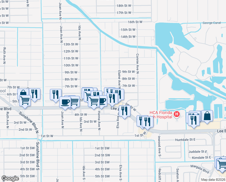 map of restaurants, bars, coffee shops, grocery stores, and more near 2710 6th Street West in Lehigh Acres