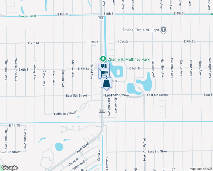 map of restaurants, bars, coffee shops, grocery stores, and more near 525 Glendale Avenue in Lehigh Acres