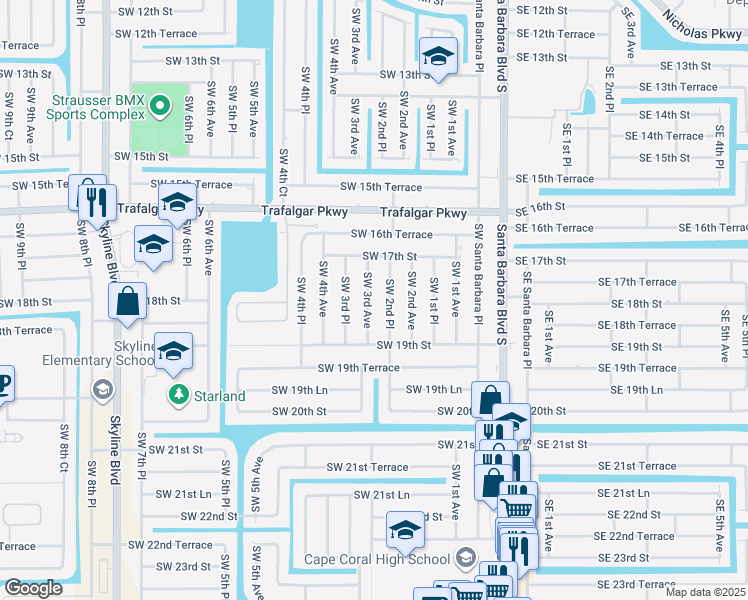 map of restaurants, bars, coffee shops, grocery stores, and more near 1808 Southwest 2nd Place in Cape Coral