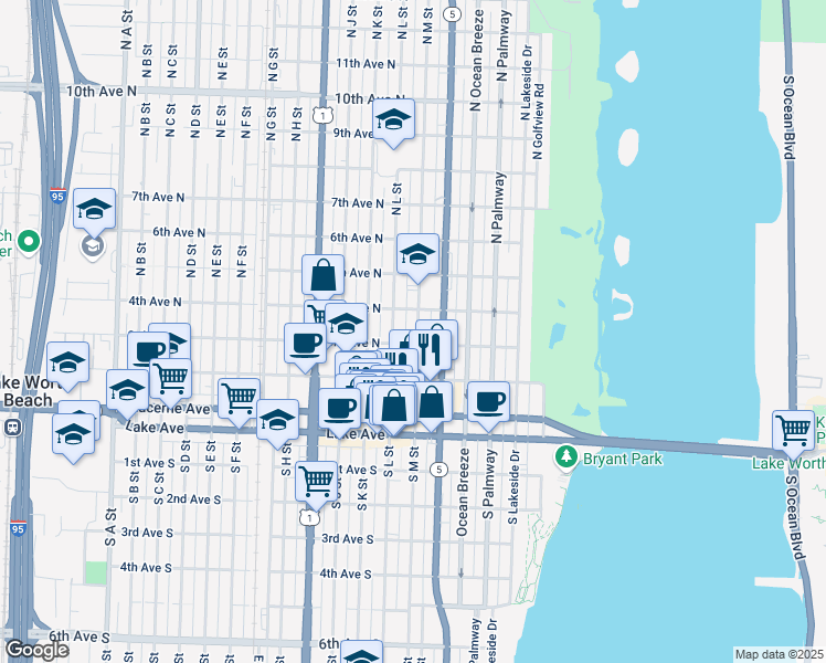 map of restaurants, bars, coffee shops, grocery stores, and more near 311 North M Street in Lake Worth