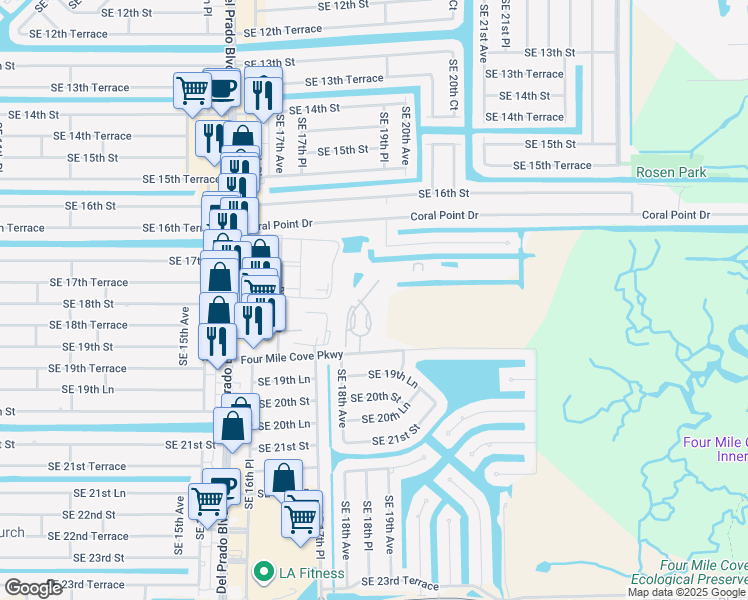 map of restaurants, bars, coffee shops, grocery stores, and more near 1765 Four Mile Cove Parkway in Cape Coral