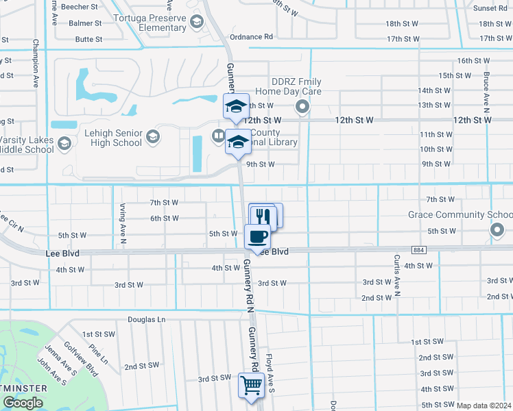 map of restaurants, bars, coffee shops, grocery stores, and more near 4325 7th Street West in Lehigh Acres