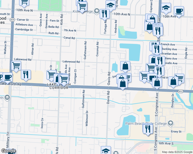 map of restaurants, bars, coffee shops, grocery stores, and more near 3907 Coconut Road in Lake Worth