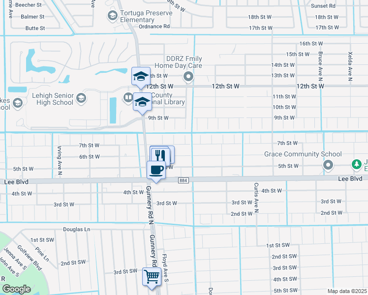 map of restaurants, bars, coffee shops, grocery stores, and more near 4305 7th Street West in Lehigh Acres