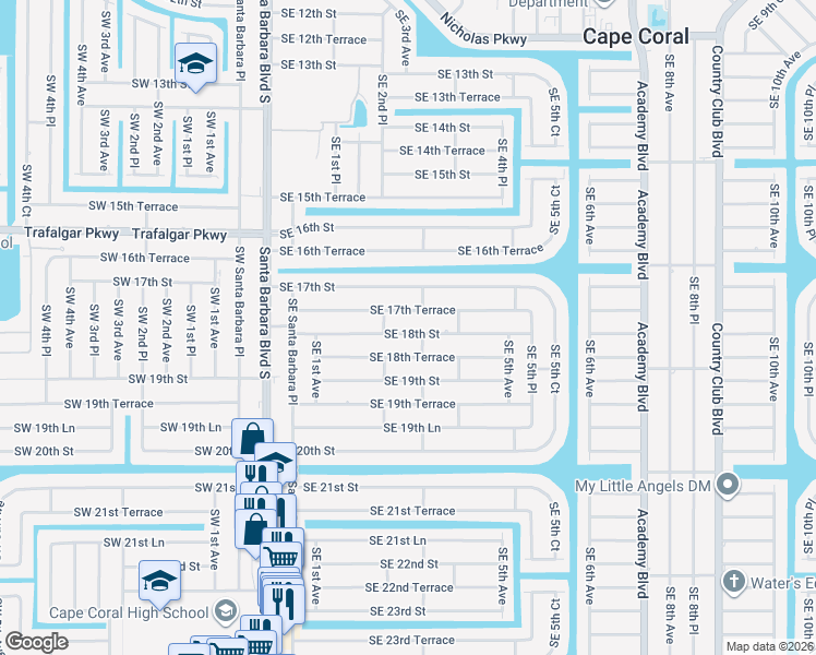 map of restaurants, bars, coffee shops, grocery stores, and more near 213 Southeast 18th Street in Cape Coral