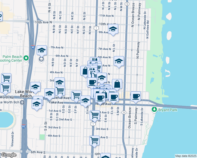 map of restaurants, bars, coffee shops, grocery stores, and more near 301 North J Street in Lake Worth