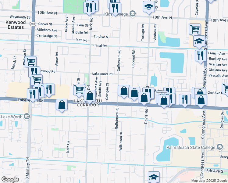 map of restaurants, bars, coffee shops, grocery stores, and more near 3935 Gulfstream Road in Lake Worth