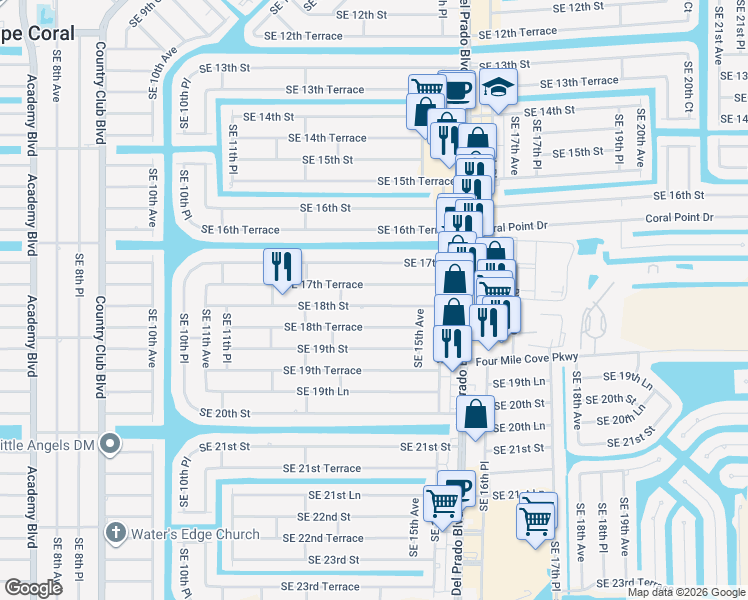 map of restaurants, bars, coffee shops, grocery stores, and more near 1418 Southeast 18th Street in Cape Coral
