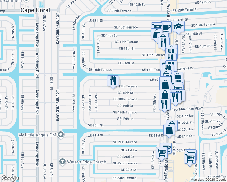 map of restaurants, bars, coffee shops, grocery stores, and more near 1218 Southeast 18th Street in Cape Coral