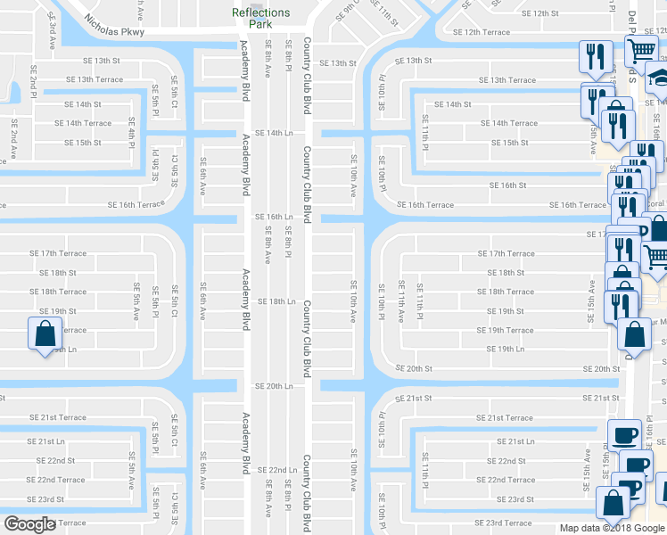 map of restaurants, bars, coffee shops, grocery stores, and more near 915 Southeast 18th Street in Cape Coral