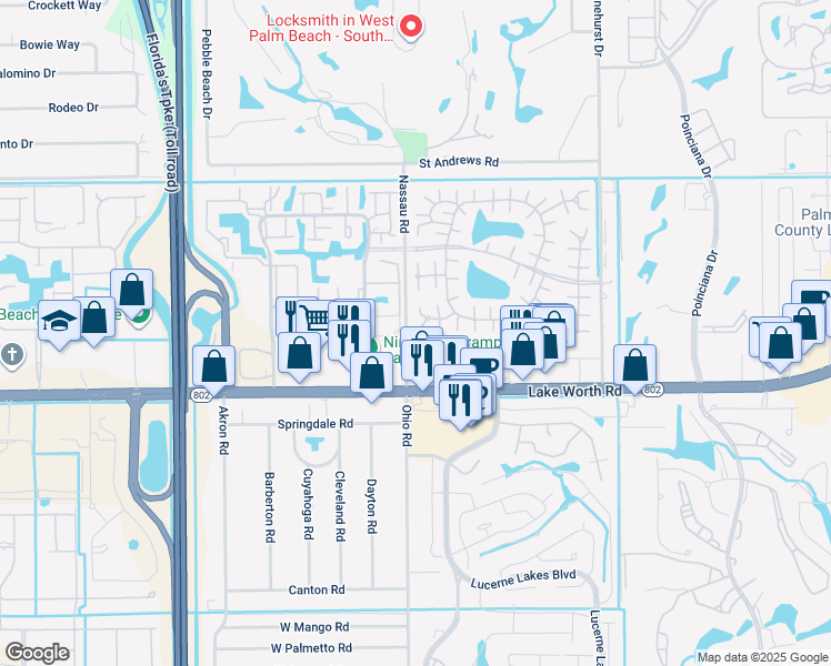 map of restaurants, bars, coffee shops, grocery stores, and more near 825 Salem Lane in Lake Worth