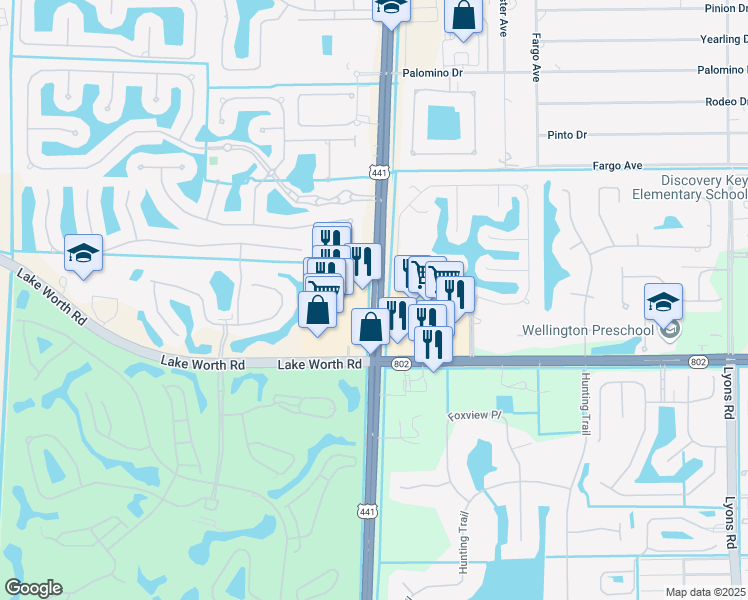 map of restaurants, bars, coffee shops, grocery stores, and more near 3347 Florida 7 in Wellington