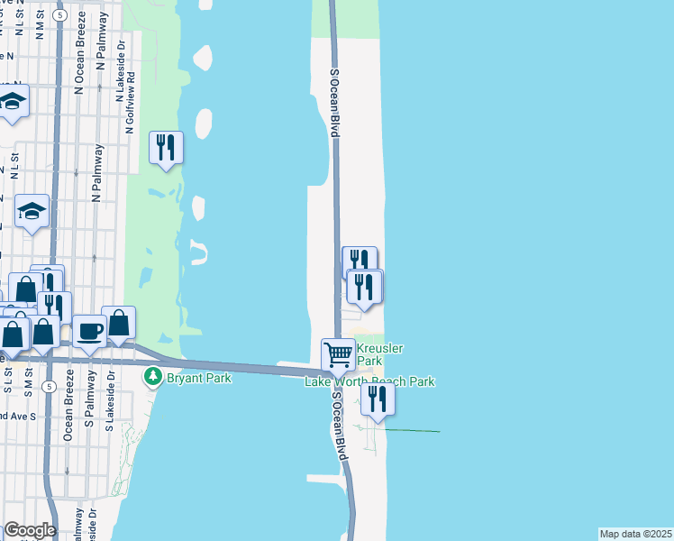 map of restaurants, bars, coffee shops, grocery stores, and more near 2779 South Ocean Boulevard in Palm Beach