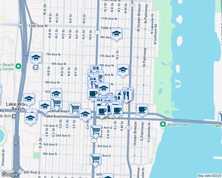 map of restaurants, bars, coffee shops, grocery stores, and more near 302 North K Street in Lake Worth