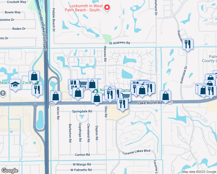map of restaurants, bars, coffee shops, grocery stores, and more near 825 Salem Lane in Lake Worth