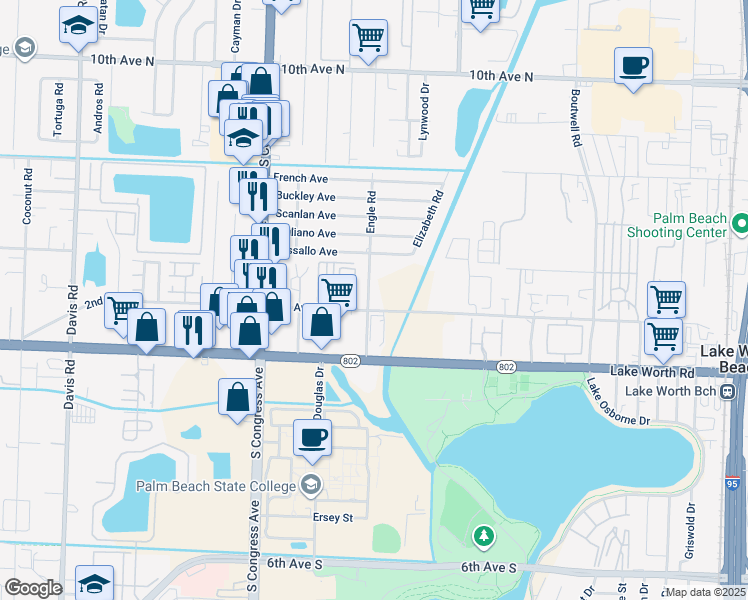 map of restaurants, bars, coffee shops, grocery stores, and more near 106 Engle Road in Lake Worth