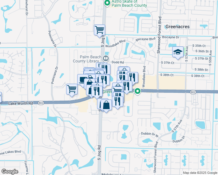 map of restaurants, bars, coffee shops, grocery stores, and more near 6462 Lake Worth Road in Greenacres