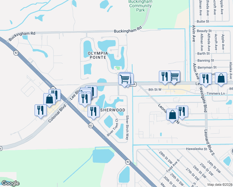 map of restaurants, bars, coffee shops, grocery stores, and more near 8069 Silver Birch Way in Lehigh Acres