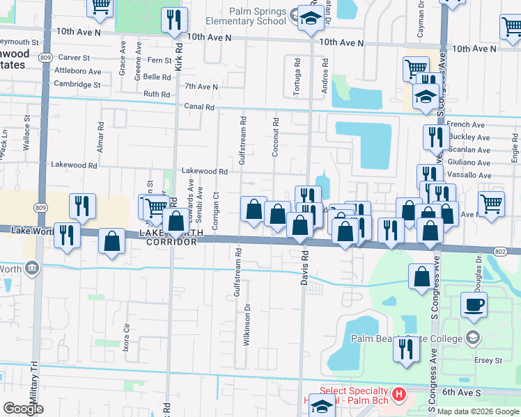 map of restaurants, bars, coffee shops, grocery stores, and more near 3921 Adcock Lane in Palm Springs