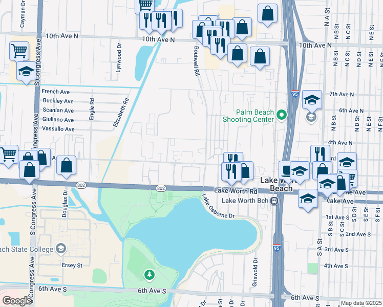 map of restaurants, bars, coffee shops, grocery stores, and more near 2211 2nd Avenue North in Lake Worth