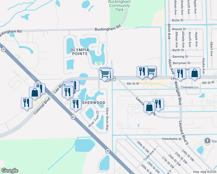 map of restaurants, bars, coffee shops, grocery stores, and more near 8110 Silver Birch Way in Lehigh Acres