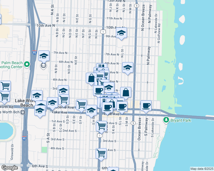 map of restaurants, bars, coffee shops, grocery stores, and more near 301 North J Street in Lake Worth