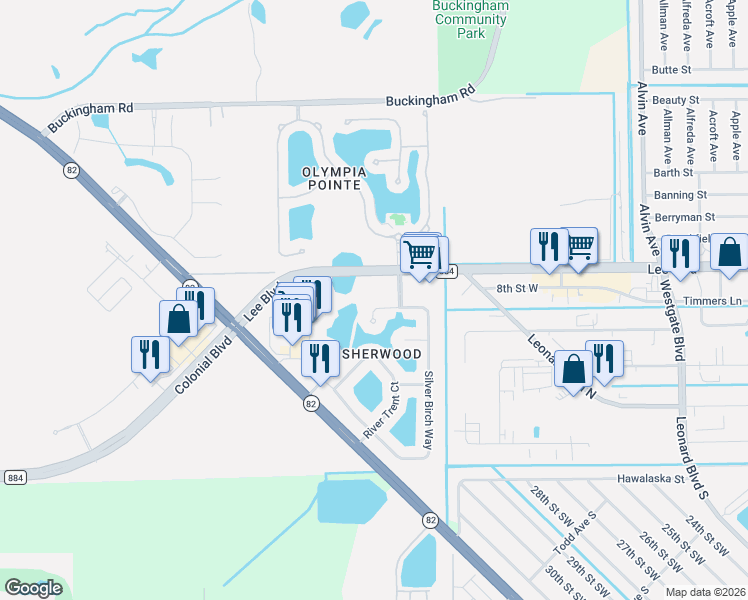 map of restaurants, bars, coffee shops, grocery stores, and more near 8022 Silver Birch Way in Lehigh Acres