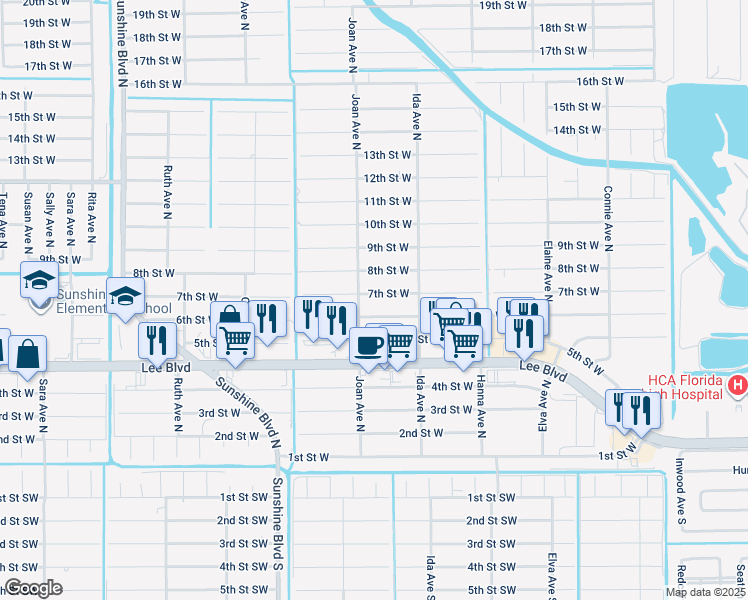 map of restaurants, bars, coffee shops, grocery stores, and more near 2915 7th Street West in Lehigh Acres