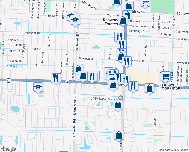 map of restaurants, bars, coffee shops, grocery stores, and more near 4615 Lake Worth Road in Greenacres