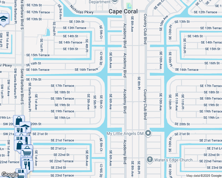 map of restaurants, bars, coffee shops, grocery stores, and more near 602 Southeast 18th Street in Cape Coral