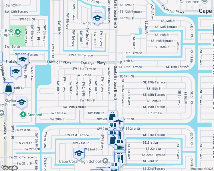 map of restaurants, bars, coffee shops, grocery stores, and more near 1809 Southwest Santa Barbara Place in Cape Coral