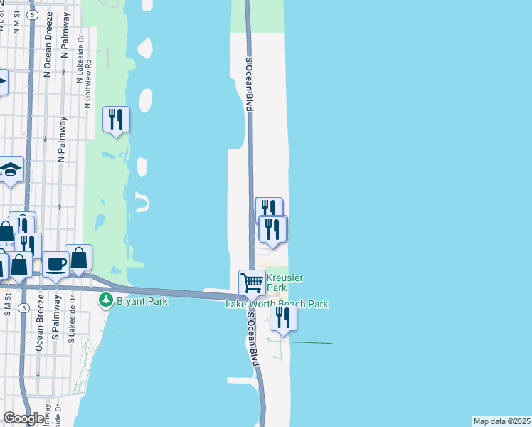 map of restaurants, bars, coffee shops, grocery stores, and more near 2779 South Ocean Boulevard in Palm Beach