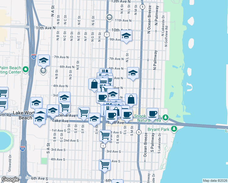 map of restaurants, bars, coffee shops, grocery stores, and more near 301 North J Street in Lake Worth
