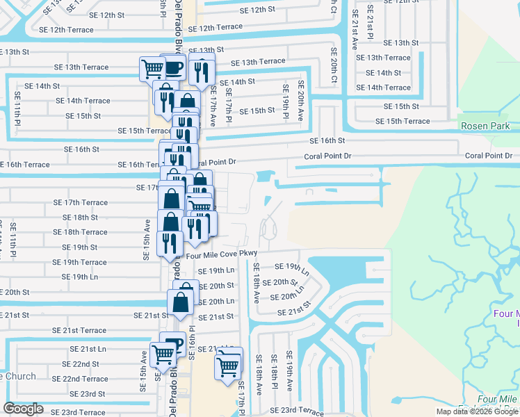 map of restaurants, bars, coffee shops, grocery stores, and more near 1757 Four Mile Cove Parkway in Cape Coral