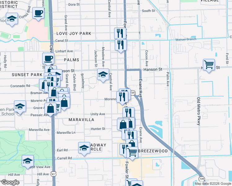 map of restaurants, bars, coffee shops, grocery stores, and more near 2414 Braman Avenue in Fort Myers