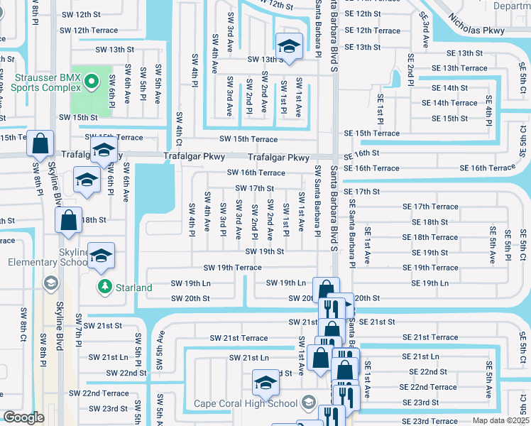 map of restaurants, bars, coffee shops, grocery stores, and more near 1722 Southwest 2nd Avenue in Cape Coral