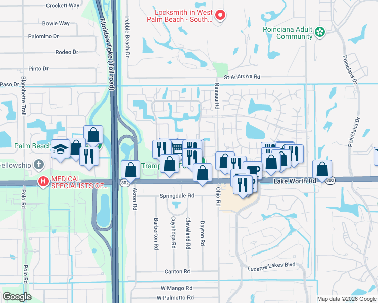 map of restaurants, bars, coffee shops, grocery stores, and more near 3950 Silver Maple Drive in Lake Worth